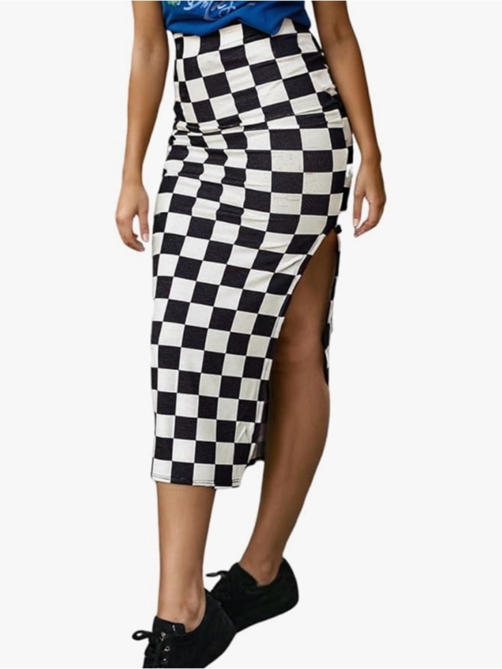 Checkerboard Midi Pencil Skirt with Side Slit - Black & White